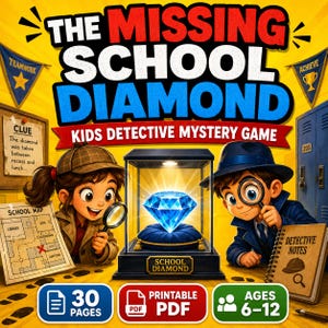 Peut inclure: Illustration colorée pour un jeu de mystère de détective pour enfants intitulé "Le Diamant Manquant de l'École". L'image présente deux détectives de dessins animés, une carte de l'école et un diamant dans une vitrine. Le jeu est pour les 6-12 ans et comprend 30 pages.