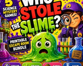 Juego de escape para niños (imprimible) / Paquete de 5 juegos de misterio científico para niños de 6 a 12 años / Juego de detective de slime para niños / PDF para fiestas de cumpleaños y aula