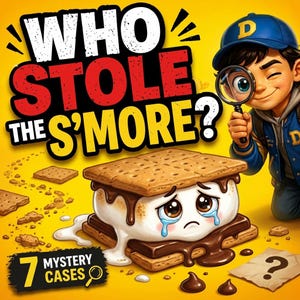 Może przedstawiać: Żywa ilustracja przedstawia płaczącego s'more z czekoladą i piankami marshmallow. Tekst brzmi "WHO STOLE THE S'MORE?" z "7 MYSTERY CASES" poniżej. Chłopiec z lupą w tle, sugerujący motyw detektywistyczny. Tło jest żółte.