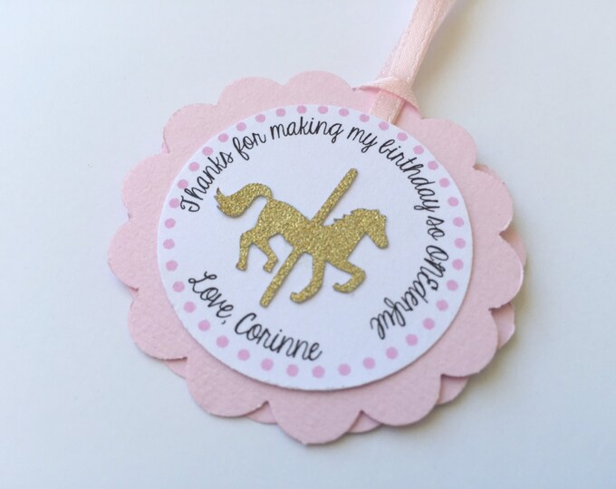 20 Carousel Themed Pink and Gold Personalized Tags Party Favor Tags Gift Bag You Choose Your Colors!