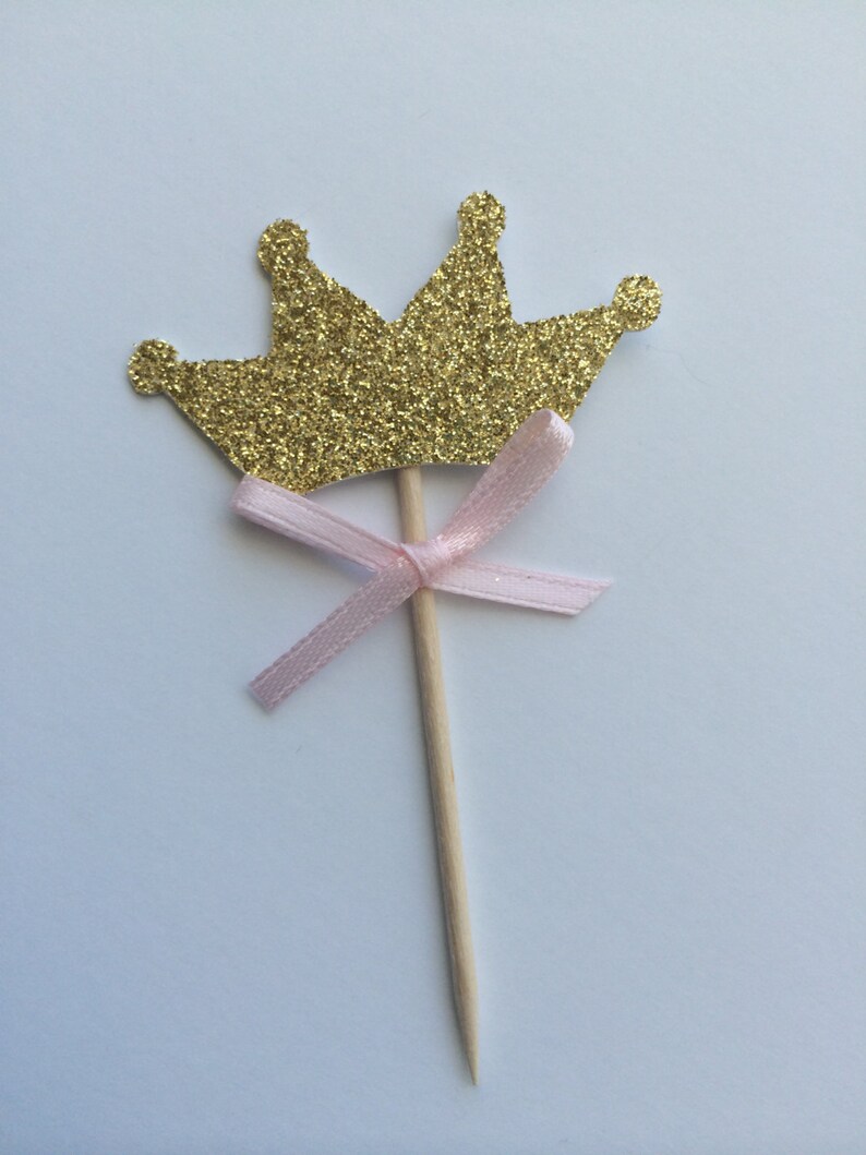 12 Gold Glitter TIARA Cupcake Toppers with Pink Bow. 1st Etsy