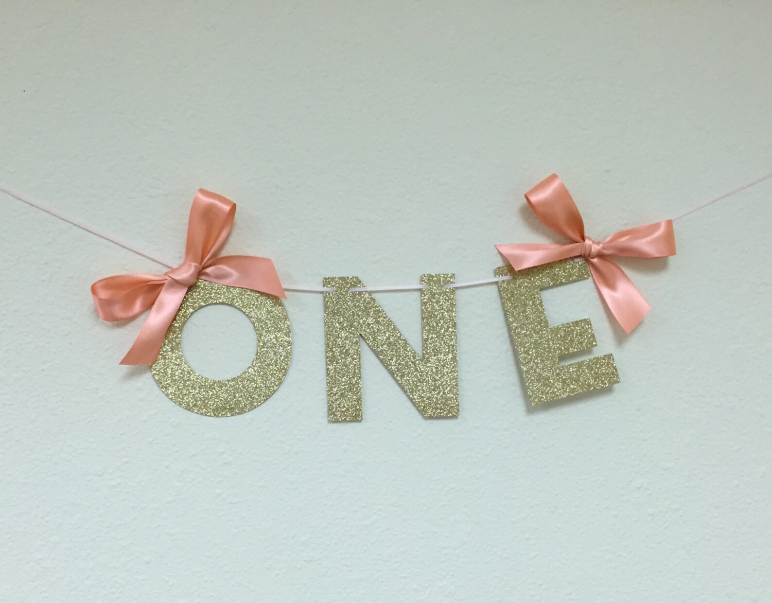 ONE High Chair Banner in Gold Glitter With CORAL Bows. 1st Etsy