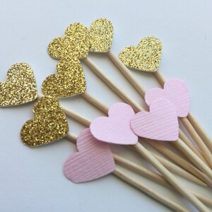 50 MINI Gold and Pink Heart Cupcake Toppers or Food Picks.  Weddings, Bridal Shower or Baby showers.