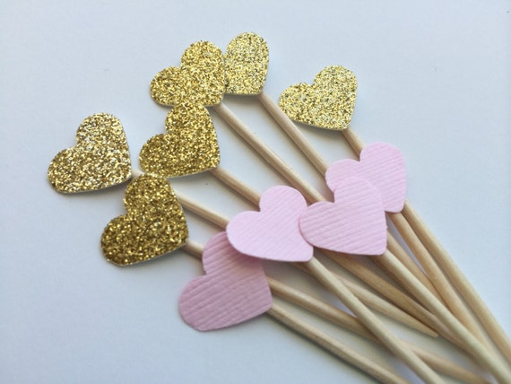 48 Gold and Pink Mini Heart Cupcake Toppers or Food Picks. Weddings, Bridal Shower or Baby showers. Il_570xn