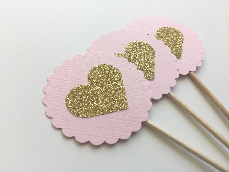 20 Pink & Gold Glitter Cupcake Toppers. Gold Glitter Heart Etsy