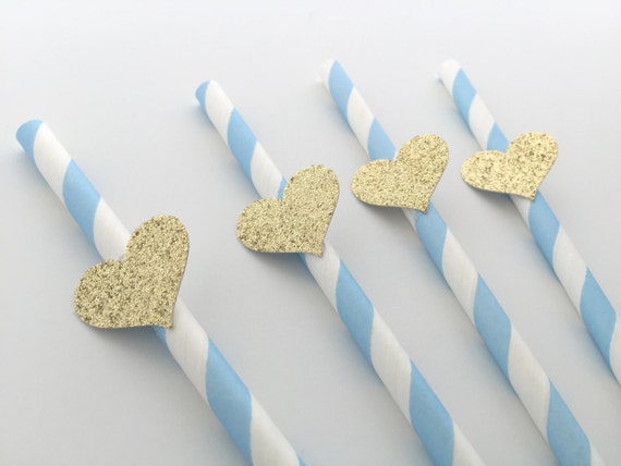 12 LIGHT BLUE Straws with Gold Glitter Heart. Party Decorations. Dessert Table Decor. Baby Shower, Bridal Shower, Wedding or Birthday Il_570xn