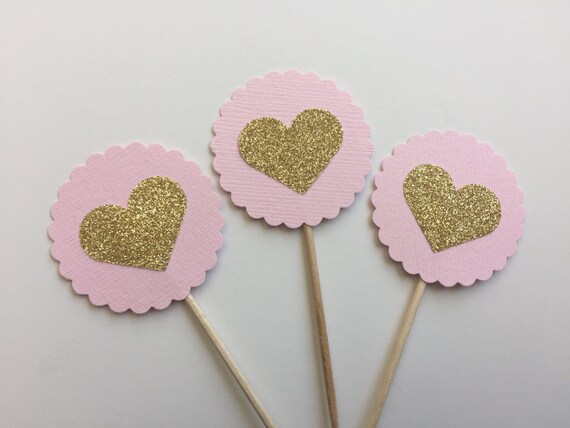 20 Pink & Gold Glitter Cupcake Toppers. Gold Glitter Heart Cupcake Toppers for Bridal Shower, Baby Shower, or Birthdays. Cupcake Decor Il_570xn