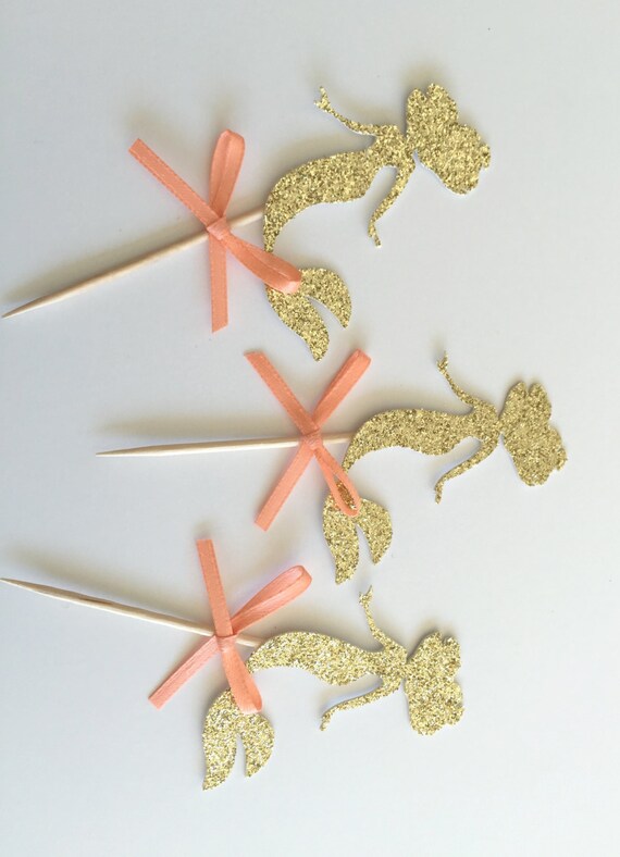 6 Gold Glitter MERMAID Cupcake Topper with CORAL Bow. Under the Sea Party Decorations. Mermaid Party. Coral and Gold Party Il_570xn
