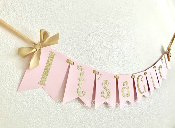 It S A Girl Baby Shower Party Banner In Pink And Gold Baby Shower