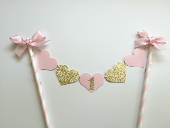 1st Birthday Cake Banner with Pink and Gold Hearts. One Cake Banner, Shabby Chic Banner. Gold Cake Smash Topper. Pink and Gold Il_570xn