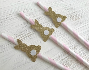 Bunny Party Straws in Pink and Gold Glitter for 1st birthday. Table Decor. Bunny Party. Party Decorations. Some Bunny is One! 10 CT