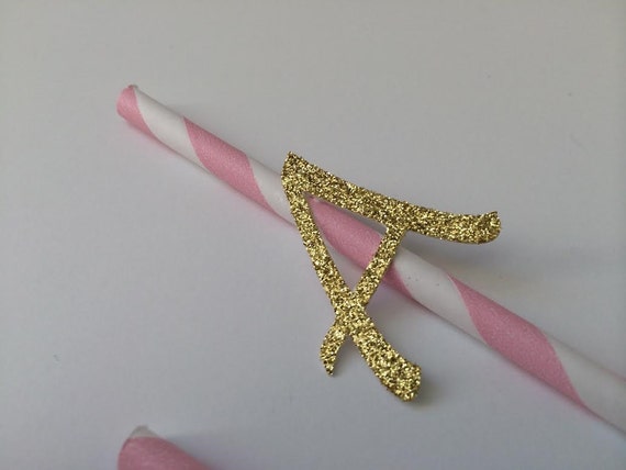 Gold and Pink Paper Straws with Number or Letter Initial Cutout in Glitter. 1st Birthday, Birthday Cupcake Topper, Pink and Gold Party. 20CT Il_570xn