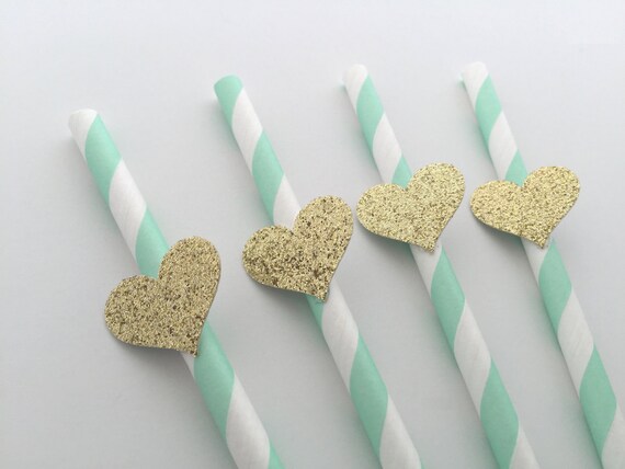 12 Paper Straws ~ Pink /& White ~ Gold Glitter Heart ~ Bridal Shower ~ Decoration