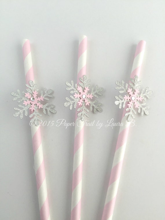 20 Pink Snowflake Paper Straws. Winter wonderland Decorations. Silver Glitter Snowflake. Winter Onederland, Ice Party. Il_570xn