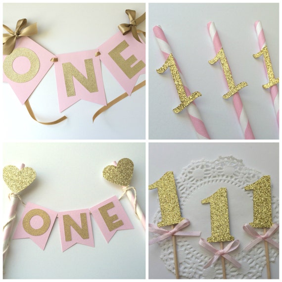 PINK & GOLD Party Package. High Chair Banner, Cake Topper, Cupake Toppers with Hand Tied Blush Bow, Paper Straws with Gold Embellishment Il_570xn