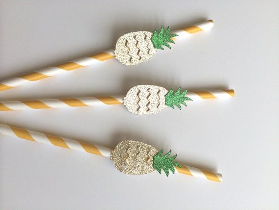 10 Gold Glitter Pineapple on Paper Straws. Destination Wedding. Engagement Party. Hawaiian Luau Decoration. Tropical Drinks Il_570xn
