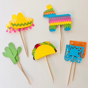 Fiesta Cupcake Toppers Party Decorations, 1st Birthday, Cinco de Mayo, Pinata, Papel Picado, Cactus, Mini Donkey, Piñata Decorations.  6CT