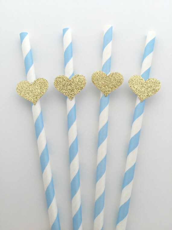 20 Light Blue Straws With Gold Glitter Heart Party Decorations