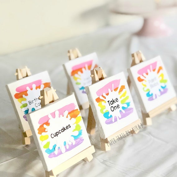 Art Party Food Label Mini Canvas and Easels. Rainbow Party