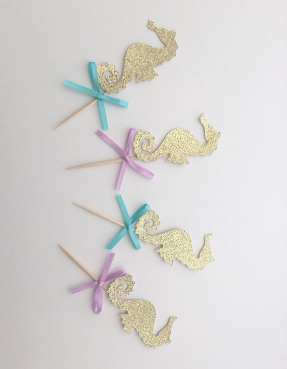 6 Gold Glitter Seahorse Cupcake Topper Under The Sea Party