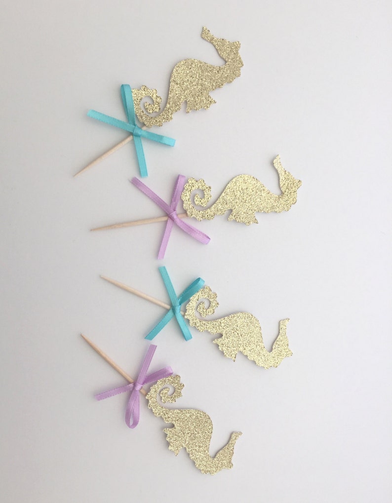 6 Gold Glitter Seahorse Cupcake Topper Under The Sea Party Etsy