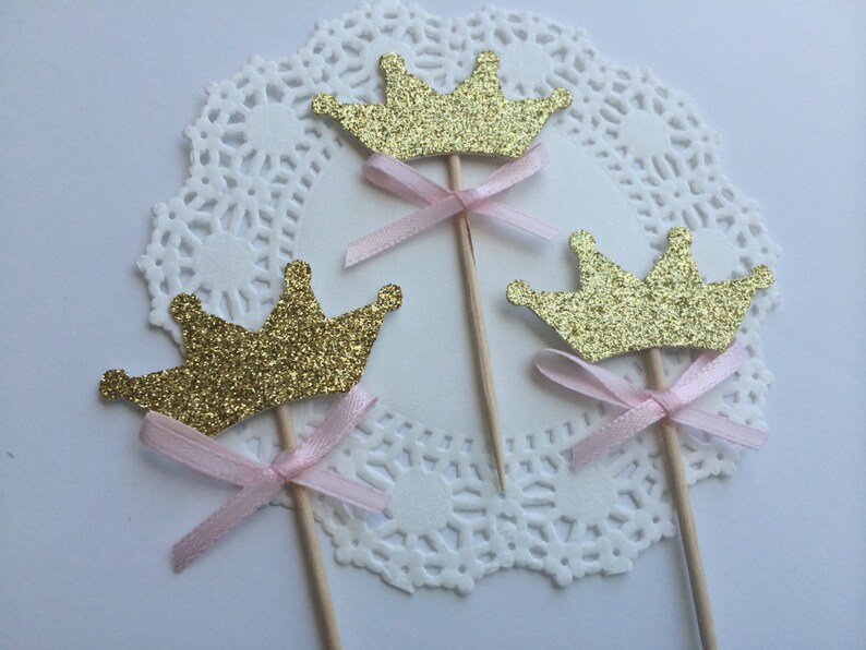 12 Gold Glitter TIARA Cupcake Toppers with Pink Bow. 1st Etsy
