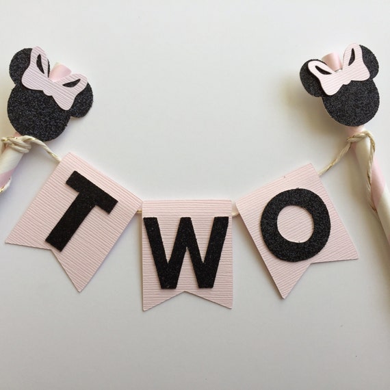 Minnie Mouse Inspired Cake Topper in Light Pink and Black Glitter. Smash Cake. 1st Birthday Photo Prop. Cake Bunting Banner Il_570xn