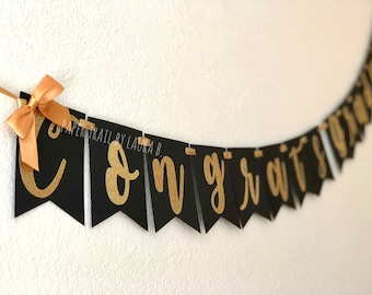Congratulations Graduate Banner in Black and Gold with Bows. Graduation Party Decor. Class of 2021. Senior Portraits. Customize your Colors!