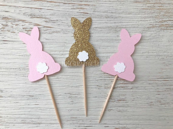 Bunny Cupcake Toppers in Pink and Gold for 1st Birthday party. Table Decor. Bunny Party. Easter Party Decorations. Some Bunny is One! 12 CT Il_570xn
