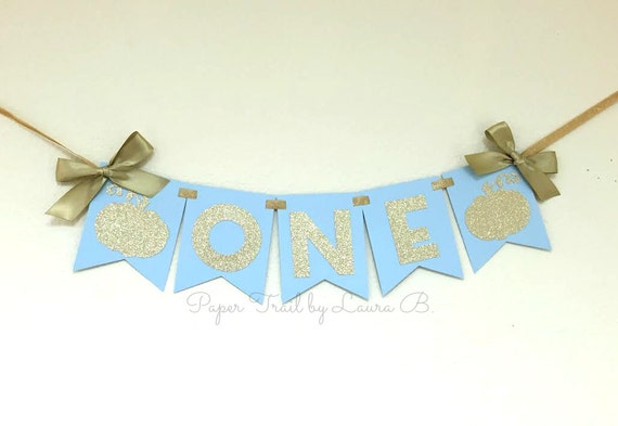 Little Pumpkin High Chair Banner In Light Blue Gold First