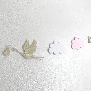 Baby Girl Shower Stork Garland in Gold, Pink and White.  Cloud Garland.  Baby Shower.  Welcome Baby.  Baby Sprinkle Decorations. 6.5 FEET