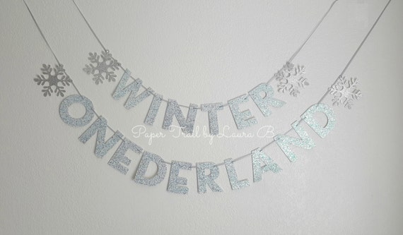 Winter ONEderland Banner Sparkly White Glitter with Light Blue Shimmer. Silver Glitter Snowflake. Winter Wonderland Party Decorations. Il_570xn