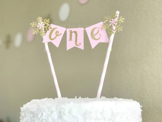 Pink & Gold Snowflake Birthday Cake Topper - First Birthday Cake Topper, 1st Birthday, Cake Bunting, Snow Cake Topper Il_570xn