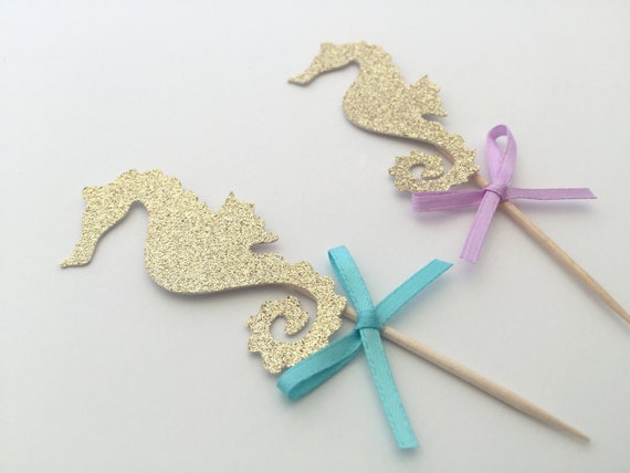 12 Gold Glitter Seahorse Cupcake Topper Under The Sea Party