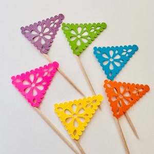 Papel Picado, Fiesta Cupcake Toppers Party Decorations, 1st Birthday, Cinco de Mayo, Pinata, Cactus, Mini Donkey, Piñata Decorations.  6CT