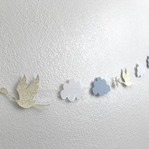 Baby Shower Stork Garland in Gold, Light Blue and White.  Cloud Garland.  Baby Boy Shower.  Welcome Baby.  Baby Sprinkle Decorations. 7 FT