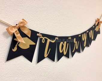 Graduation Custom Name Banner in Black & Gold Glitter. Class of 2022.  Grad Party Decorations. Congratulations. Customize your Colors! LW