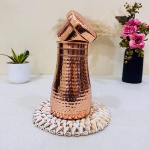 May include: A copper-colored water bottle with a hammered texture, and a matching lid. The bottle is sitting on a round, white seashell coaster. A small potted plant and a vase of pink flowers are in the background.