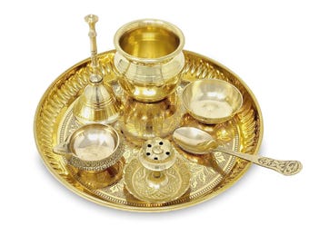 6 Inch Brass Pooja Thali Set With Gift Box – Traditional Indian Aarti Plate, Diwali Mandir Decor