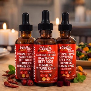 May include: Three amber glass bottles with black droppers, labeled "Clean Nutra Natural" and listing ingredients like cayenne pepper and turmeric. The bottles are on a wooden surface with red peppers and mint.