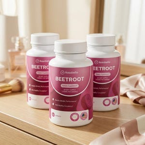 May include: Three white supplement bottles with pink labels are arranged on a wooden surface. The labels read "Rosabella BEETROOT Dietary Supplement" with details about the serving size and benefits. The bottles have white caps and are surrounded by other cosmetic items.