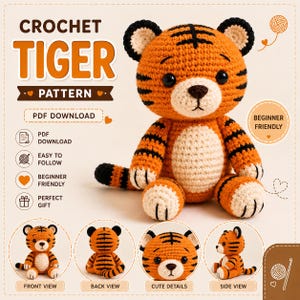 Puede incluir: Un patrón de ganchillo para tigre en descarga PDF que presenta un juguete de tigre relleno de color naranja y negro con vientre y hocico color crema. La imagen incluye etiquetas de texto para vistas frontal, trasera, lateral y detalles.