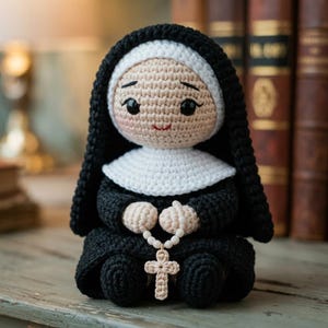 May include: A handmade crochet doll of a nun, featuring a black habit and white wimple. The doll is holding a rosary with a cross. The doll has a smiling face with black eyes and a red mouth. The doll is sitting on a wooden surface.