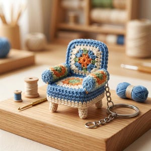 Puede incluir: Un llavero de sillón de ganchillo en miniatura en azul, blanco, naranja y verde. La pequeña silla tiene un patrón floral detallado en el asiento y el respaldo, con reposabrazos a juego. Se adjunta un llavero plateado. La silla está sobre una superficie de madera.