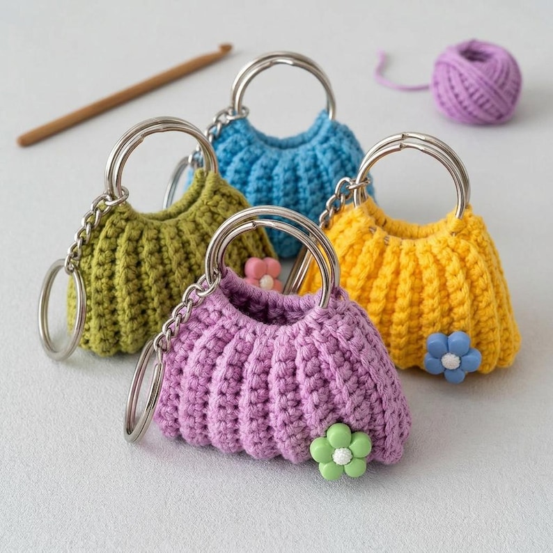 May include: Four miniature crochet purses in green, blue, yellow, and purple, each with a silver ring and chain. Decorative flower accents adorn some purses. A wooden crochet hook and a ball of purple yarn are also present.