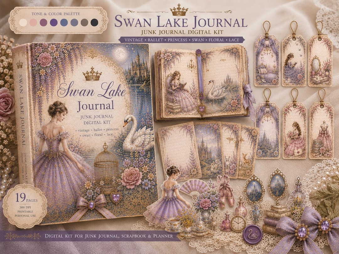 Vintage Princess Junk Journal Kit, Swan Lake Digital Paper Pack ...