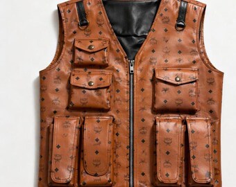 Cognac leren MCM-cargovest met monogram - unisex streetwear utility-bodywarmer