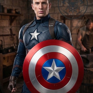 May include: A figure wearing a dark blue tactical suit with a silver star on the chest, holding a large circular shield featuring concentric red, white, and blue rings with a central silver star. A circular logo with the text VELORA FORGED is visible.