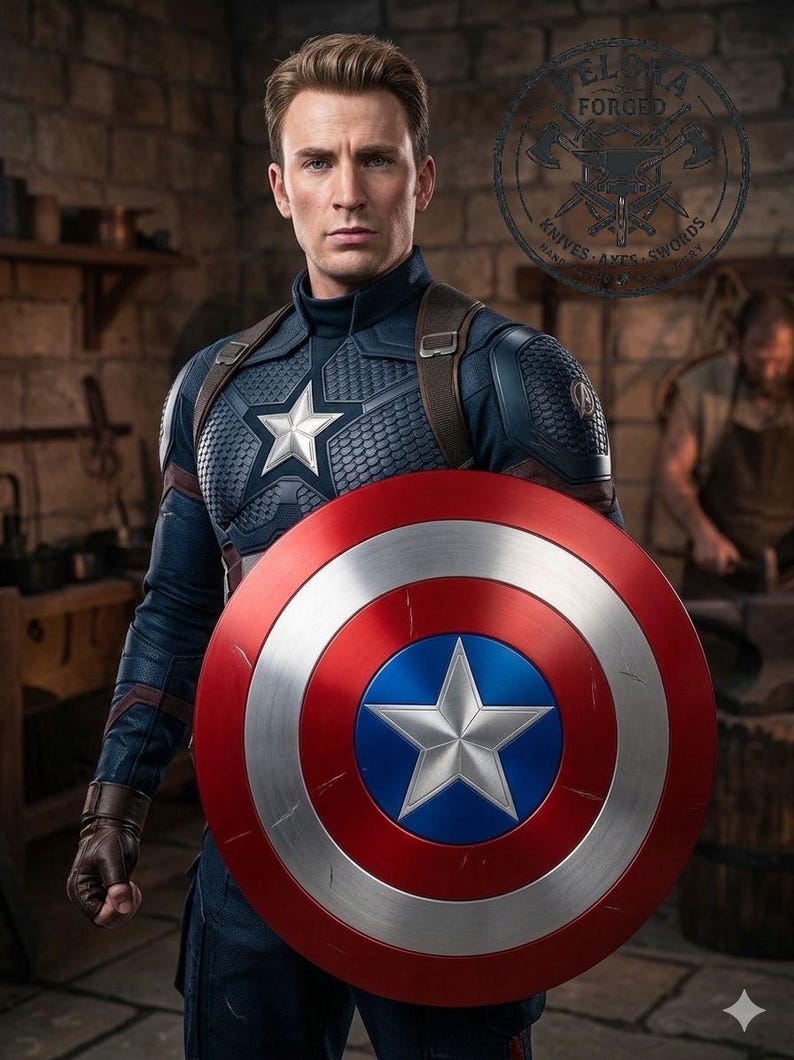 May include: A figure wearing a dark blue tactical suit with a silver star on the chest, holding a large circular shield featuring concentric red, white, and blue rings with a central silver star. A circular logo with the text VELORA FORGED is visible.