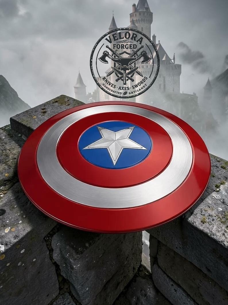 May include: A circular shield featuring a metallic red outer ring, a silver middle ring, and a blue center circle with a prominent silver five-pointed star. Above the shield, a circular logo displays the text VELORA FORGED KNIVES AXES SWORDS.